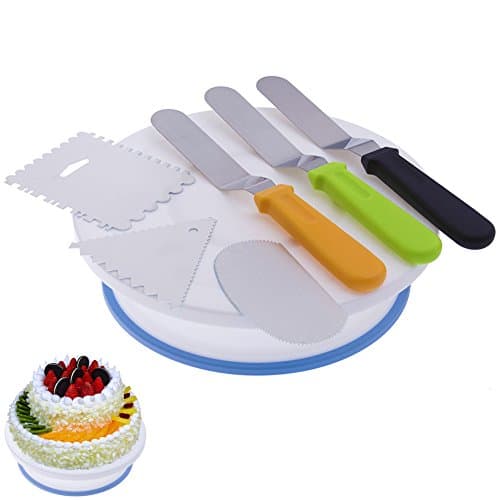 QEESTARS Cake Decorating Turntable, 10inch Rotating Cake Stand Decorating Kits Supplies with 3pcs Icing Smoother/Decorating Comb and 3pcs Icing Spatulas