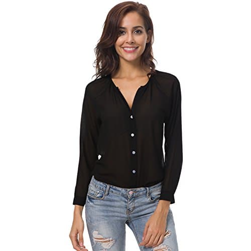 Women's V Neck Casual Tops Button Down High Low Hem Chiffon Relaxed Fit Blouse (M, Black)
