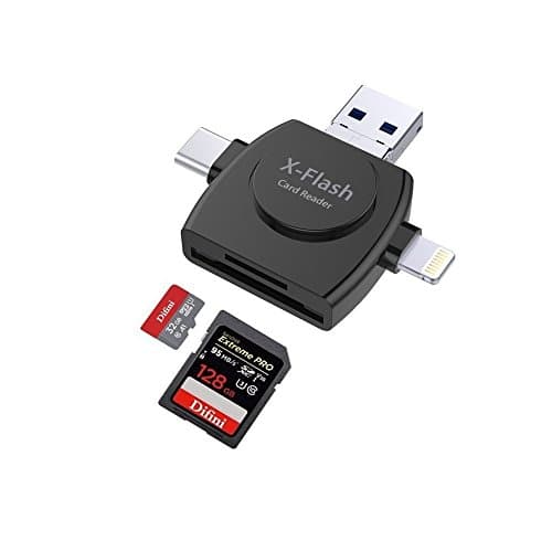 Micro SD Card Reader, 4 in 1 Camera TF Memory Card Reader Adapter for Lightning/ Micro USB/ USB Type C/ USB A, X-Flash External Storage Memory Expansion for iPhone/ iPad/ Macbook / Android/ PC