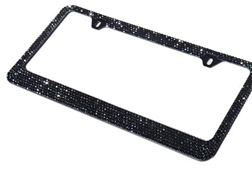 7 Row Bling Pure Black (A-TYPE SCREW CAP) Crystal Rhinestone-Metal Black License Plate Frame with Two Caps