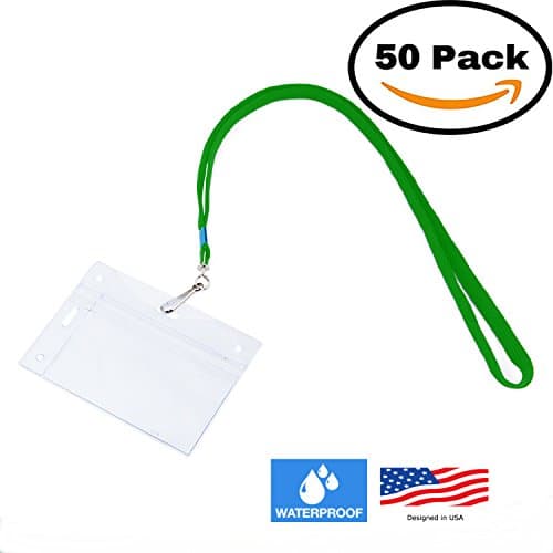 50 VERTICAL &amp; HORIZONTAL Name Tag Holders with Lanyards I Sealable Waterproof Name Badge Holders with Green Hook Lanyards (50 SETS)