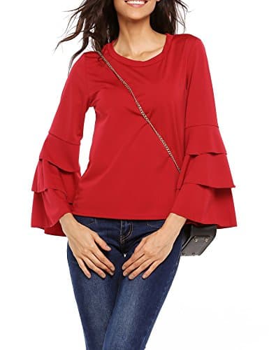 Vansop Women Round Neck Layered Ruffle Long Sleeve Solid T-Shirt