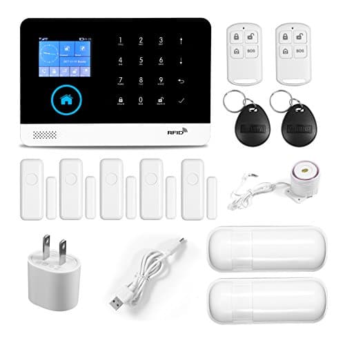 Home Security Alarm System Wireless GSM/3G/GPRS with Touch Screen Keypad PIR Detector, Door Window Sensor, Remote Control, RFID Card, Loud Wired and Wireless Siren Auto Dial APP SMS