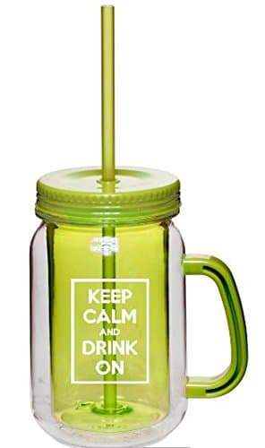 Best Mason Jar with Handle - Novel Saying "Keep Calm and Drink On" Large 17 oz - Sturdy Design - BPA Free Double Walled Mason Jar with Handles