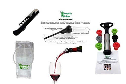 Wine Accessories Gift Set Includes Corkscrew Bottle Opener &amp; Foil Cutter, in-Bottle Wine Aerator, Wine Saver Vacuum Pump, 6 Vacuum Sealers and an Ice Bag to Cool Your Wine by Gourmetics Kitchens