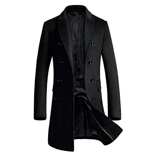 Men's Premium Wool Blend Double Breasted Long Pea Coat (US S(tag Asia L), Black)