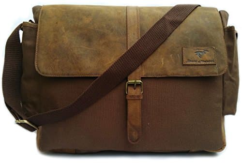 Laptop / Computer / Messenger / Tablet Bag with scratch protection lining for laptops or Macbooks up to 15.6". Leather + Charcoal Grey Canvas - Large size bag: 18" x 12" x 5"