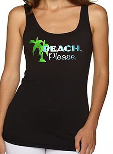 U.S. Custom Ink Women's Beach Please Palm Tree Tank Top Black (Large)