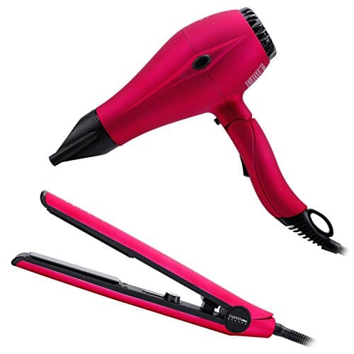 PARWIN BEAUTY Professional Styling Combination -Foldable 1875W Super Negative Ion Hair Dryer and Tourmaline Hair Straightener Thermostat Flat Iron, Pink