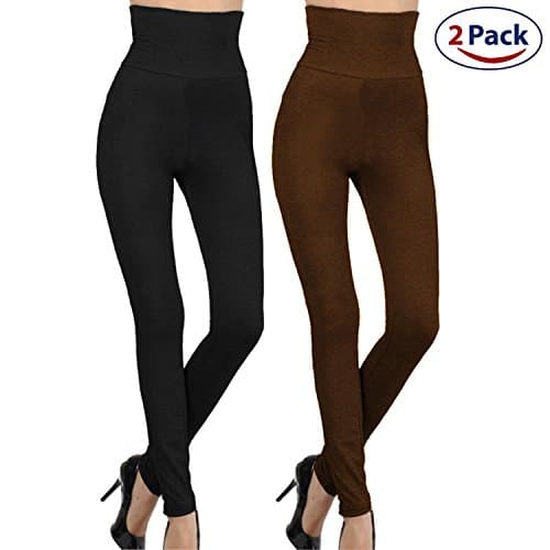 Kuda Moda 2-Pack High Waist Fleece Lined Tummy Control Full Length Legging Winter Compression Top Pants (S/M/L, Black/Brown)