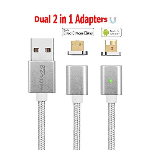 BDragon 2 in 1 Strong Magnetic Adapter Micro USB and Lightning 3.3 ft High Speed Charging and Data Cable with LED Indicator for Android and Apple mobile devices with Extra Adapter Tip