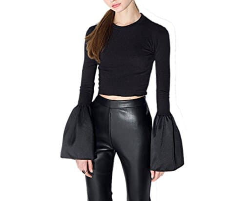 Archie Vince Women's Fashion Slim Fitting Solid Basic T-shirt Bell Sleeve Crop Top