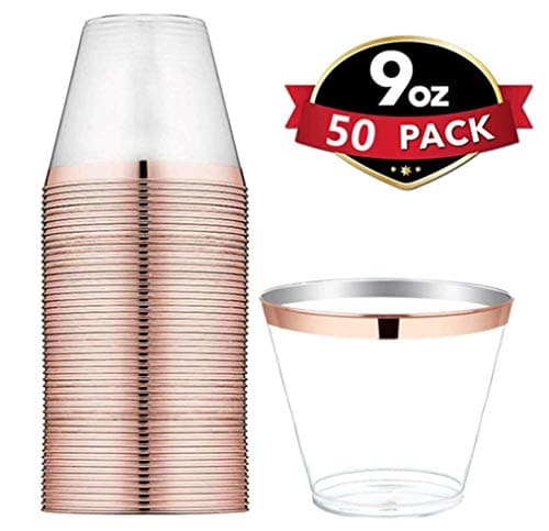 Rose Gold Plastic Cups ~ 9 oz 50 Pack Hard Clear Party Cups Fancy Wedding Cups Disposable Old Fashioned Tumblers, Recyclable Drinking Cups Plastic Glasses (Rose Gold Trim)