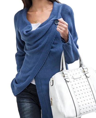 Hurrg Women's Solid One Button Split Knitted Irregular Cardigan Sweater Jacket Denim Blue US L