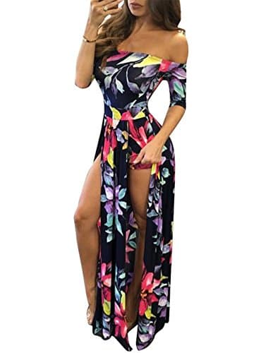 VIEWIM Women's Plus Size Floral Off The Shoulder Split Beach Party Romper Maxi Dress