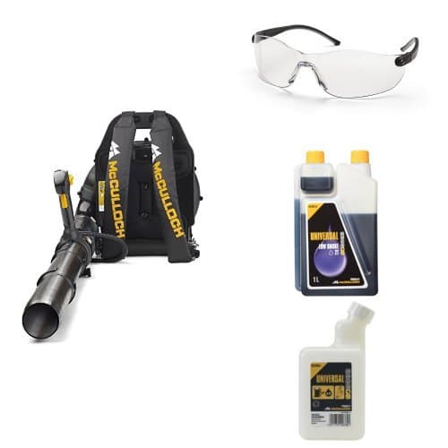 McCulloch GB 355BP Blower with UNIVERSAL Scratch Resistant Plastic Protective Glasses, Universal Low Smoke 2 Stroke Oil and Universal Mixing Bottle