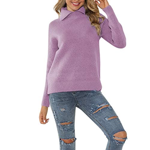 Hohaski Women Casual Turtleneck Pullover Long Sleeve Solid Loose Knitted Sweater Tops