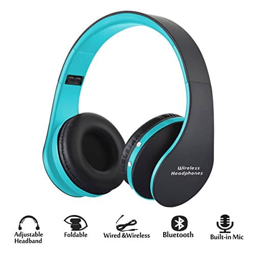 Foldable Wireless/Wired Headphones, Hyfanda Bluetooth Over-ear Headset Rechargeable Earphones with Built-in Microphone 3.5mm Audio Jack MIC for iPhone 8/7/6 &amp; Desktop, PC - Black Blue