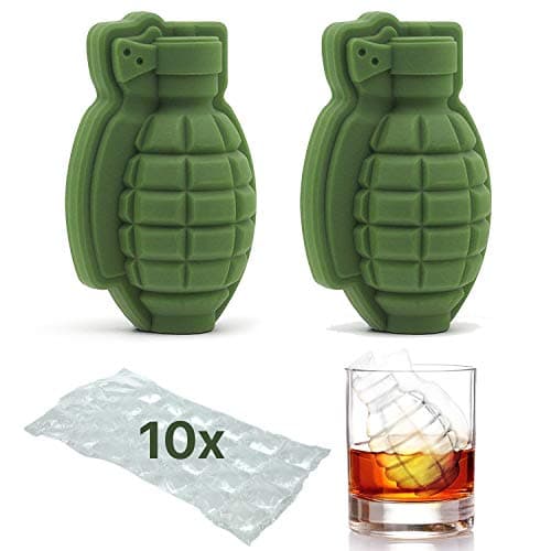 Grenade Shape Ice Cube Mold 3D | Whisky Cocktail Ice Ball Tray Maker | Perfect Gift for Men, Military Fans, Bar, Party | 2 PACK and BONUS 10 ICE CUBE BAGS
