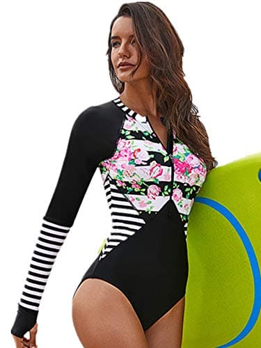 Womens Printed Zip Front Half Sleeve/Long Sleeve One Piece Swimsuit Swimwear