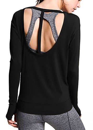 Bestown Women's Backless Full Sleeve T-shirt Solid Tee Stretch Yoga T Shirt Casual Top Black L