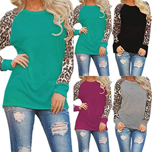Donet Women's Casual O-Neck Long Sleeve Top Leopard Patchwork T-Shirt