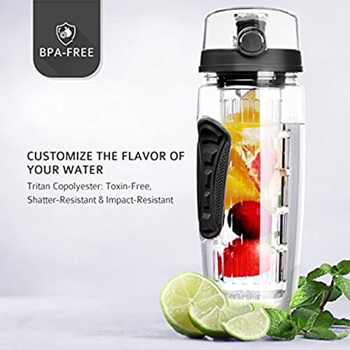 FIRST STEP 32 OZ FRUIT INFUSER Water Bottle, BPA Free using Tritan Materials - Flip Top Lid with Drinking Spout - Hydrate Healthy and Be Healthy- Personal Care (Black)