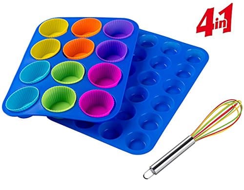 Muffin Pan 12 &amp; 24 Mini+Large Cup Sizes Silicone Baking Bakeware Set:With Cupscake Liners+ Whisk BPA Free Non Stick Dishwasher Safe Blue Trays