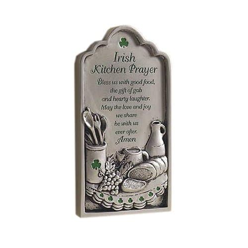 Elysian Gift Shop Irish Kitchen Blessing Raised Silver Finish Plaque with Green Shamrock Accents and Celtic Prayer- 3 3/4" x 7" (Wall Mount or Easel Back)
