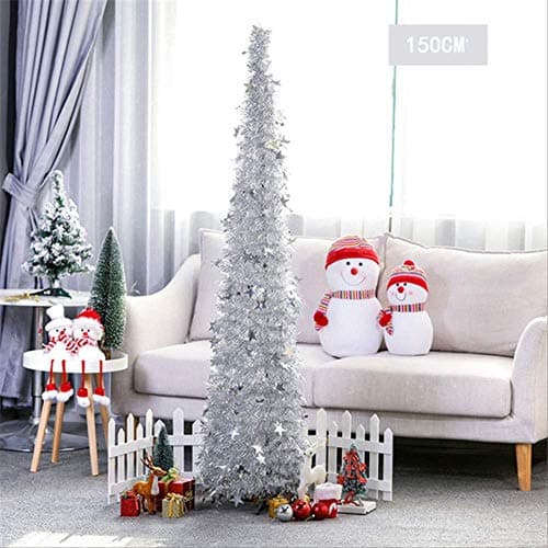 HEIHEID Christmas tree Artificial Tinsel Pop Up Christmas Tree With Stand Gorgeous Collapsible Artificial Christmas Silver 1.5M