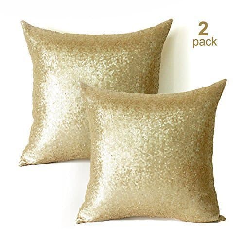 Sequin Pillow Covers 18x18 Inch-2 Pack Square Gold sequin pillow case,Glitter Decorative Throw Pillow Cases With Hidden Zipper &amp; Luxury Satin Back Side
