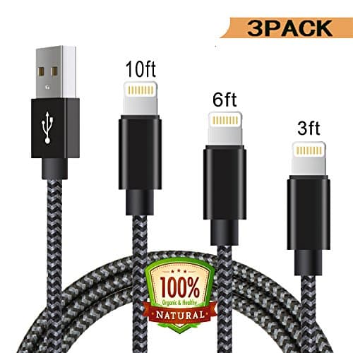 iPhone Cords, 3Pack 3FT 6FT 10FT Nylon Braided Lightning to Manyi USB Charging Cable, Syncing &amp; Charging Cord for iPhone 7/ 6s Plus/ 6 /SE/5s 5c 5, iPad Air / mini / 4th, iPod Nano (Black / gray)