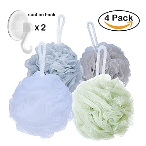 Shower Sponge Loofahs Bath Poufs Large with Bath Suction Hooks (60g/pcs)- Pack of 4