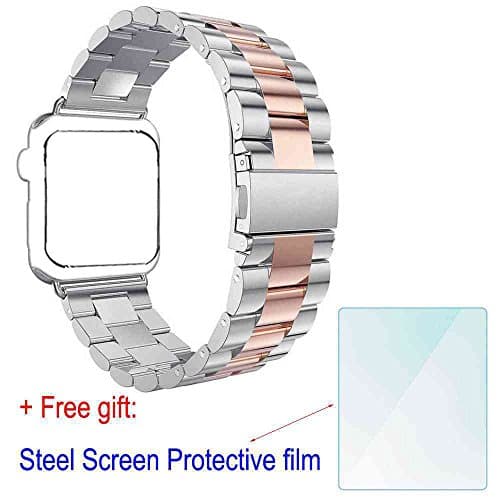 ZhenYue 2016 Latest Solid Stainless Steel Metal Replacement 3 Pointers Watchband Bracelet Strap Bands Band +Double Button Folding Clasp for Apple Wrist Watch Iwatch Series 1 2 (Silver+Rose Gold, 38mm)