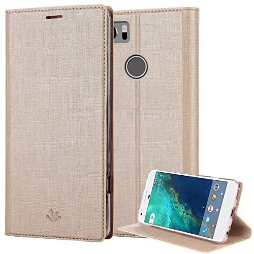 Google Pixel 2 XL Case, PU Leather Slim Flip Wallet Card Slots Cover Kickstand Feature and TPU Bumper Full Body Protection for Pixel 2 XL (Gold)