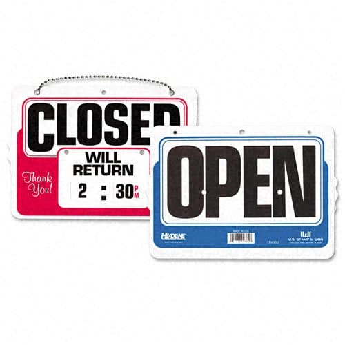 Headline Signs : Double-Sided Open/Closed Sign w/Dial-A-Time Will Return Clock, Plastic, 11 x 8 -:- Sold as 2 Packs of - 1 - / - Total of 2 Each
