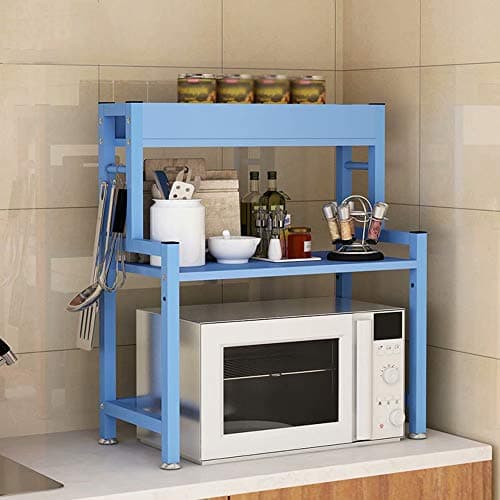 Item shelf Kitchen microwave racks countertop wall-mounted 2-layer oven rack kitchen racks double-layer spice rack storage rack (Color: Blue)