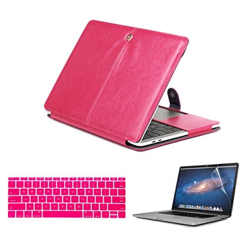 Macbook 2016 Pro 13 Inch with Touchbar 3 in 1 Bundle PU Leather Book Cover Flap Case with Premium Screen Protector and Keyboard Cover (Rose Pink)