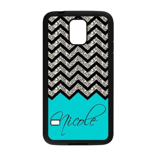 Black Grey Chevron & Turquoise Pattern (NOT ACTUAL GLITTER) Personalized Custom Samsung Galaxy S5 Best Rubber & Plastic Case