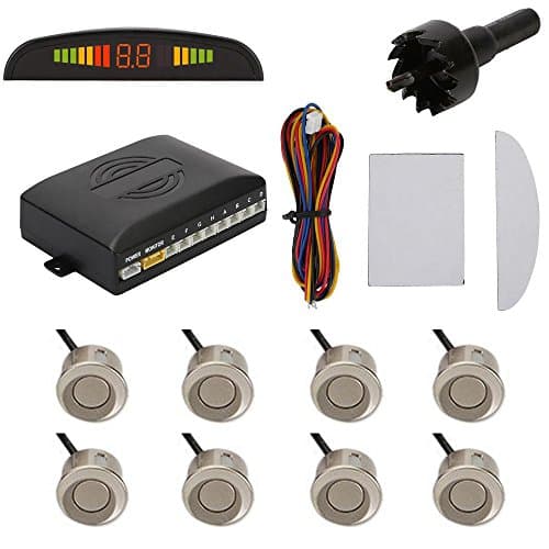TKOOFN Highly Sensitive Buzzer Safety Alert Car Reverse Back Up Radar System with 8 Ultrasonic Parking Sensors [4 Front & 4 Rear]& LED Display for Universal Auto Vehicle - Champagne Gold