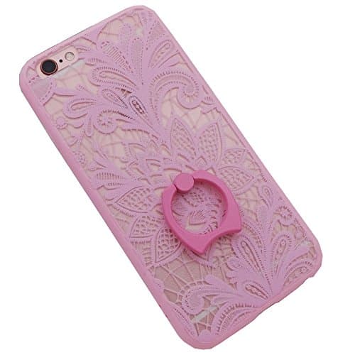 iPhone 6plus/6splus Case Flower Lace Tronsnic Finger Ring Stent Cover 3d Embossed Relief Pink Floral 360 Rotating Kickstand Rubber Border Secure Grip Acrylic Back