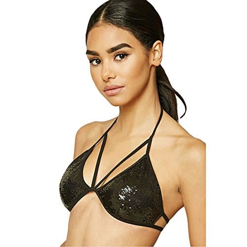 Women Bra Solid Black Sequin Halter Back Closure Bralette Hollow Out Lace Up Bralette -Black 90D(XL)