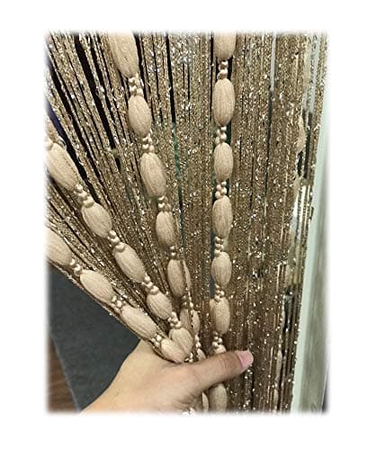 Eyotool Door String Curtain Flat Silver Ribbon Thread with Shaggy Tassel Room Divider, 39’’x79’’ (Champagne)