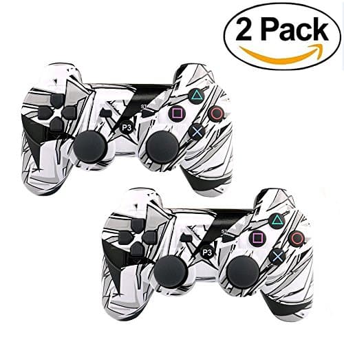 [2 Pack] Wireless Double Vibration Game Controller Camouflage Bluetooth Sixaxis Gamepad Remote for PS3 Playstation 3 [Gift 2 Charging-Cable] (Black-White Camouflage)