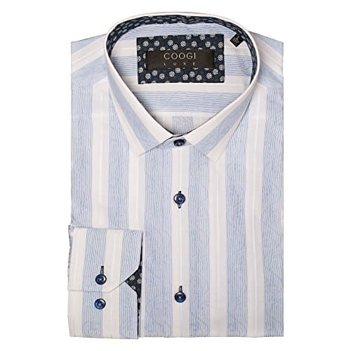 Coogi Luxe Men's Light Blue/Gray Big Stripes Pattern Casual Dress Shirt (Medium)