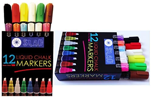 12 Pack Fluorescent Liquid Chalk Markers by SLAD – 9 Neon + 3 White Paint Markers - Reversible Bullet Tips - 2 Replacement Tips - New Cap Design – Washable Window Paint Markers