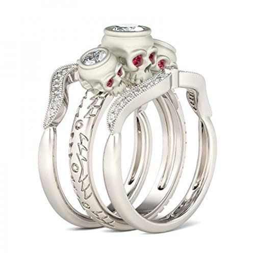 HOTSKULL Women 925 Sterling Silver Plated Ring Ruby White Zircon Skull Ring