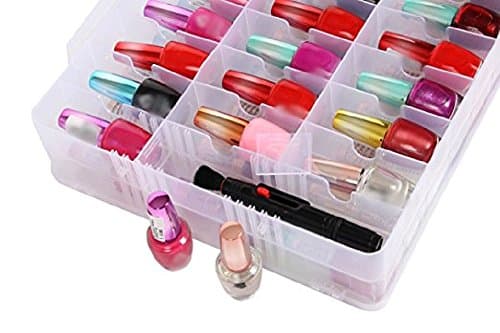 Portable Clear Double Side Nail Polish Organizer Case Holder | Up to 48 Bottles | Adjustable Spaces Divider | Double Side Opening With Snaps | Portable Handle | Deep Pocket.