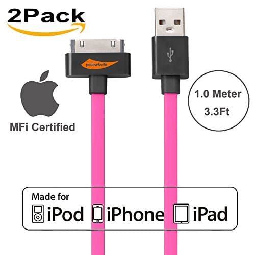 [Apple MFI Certified] 2Pack Yellowknife® 3.3ft/1m Noodle Flat 30Pin to USB Data Sync Charger Cable Charging Cord for Apple for iPhone 4s 4 3GS iPad 1 2 3 iPod Touch 4th iPod Nano 6th Gen - Hot Pink
