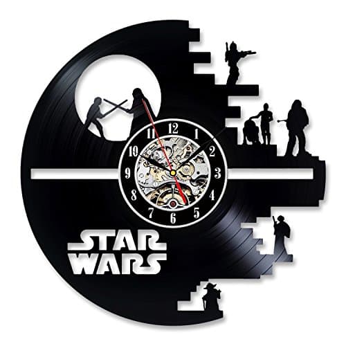Star Wars Vinyl Record Wall Clock Record Home Art Decor Gift Design of Black Death Star and Characters Darth Vader Luke Skywalker Princess Leia and Yoda